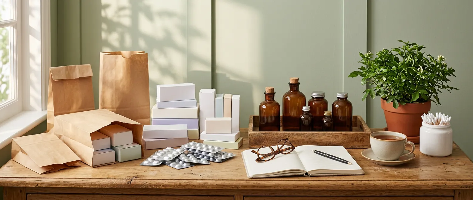 Bolsas de farmacia, cajas de medicamentos, blísteres y frascos de cristal ámbar sobre una cómoda de madera