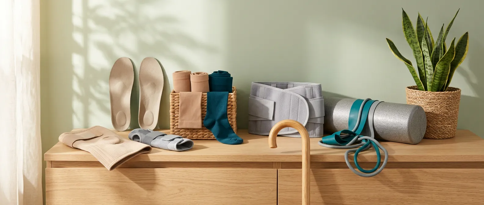Plantillas, rodillera, medias de compresión, faja lumbar y un bastón sobre una cómoda de madera