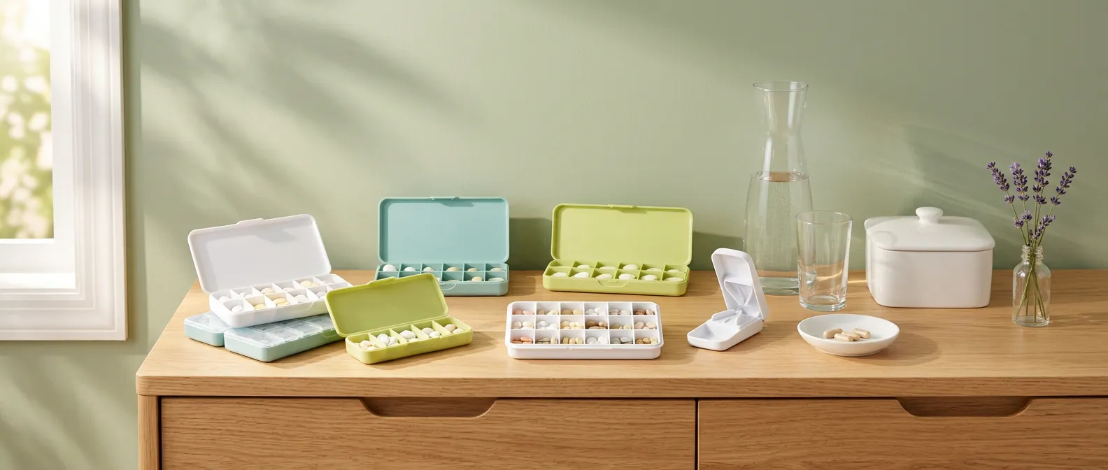 Pastilleros semanales de colores con la medicación ordenada sobre una cómoda de madera