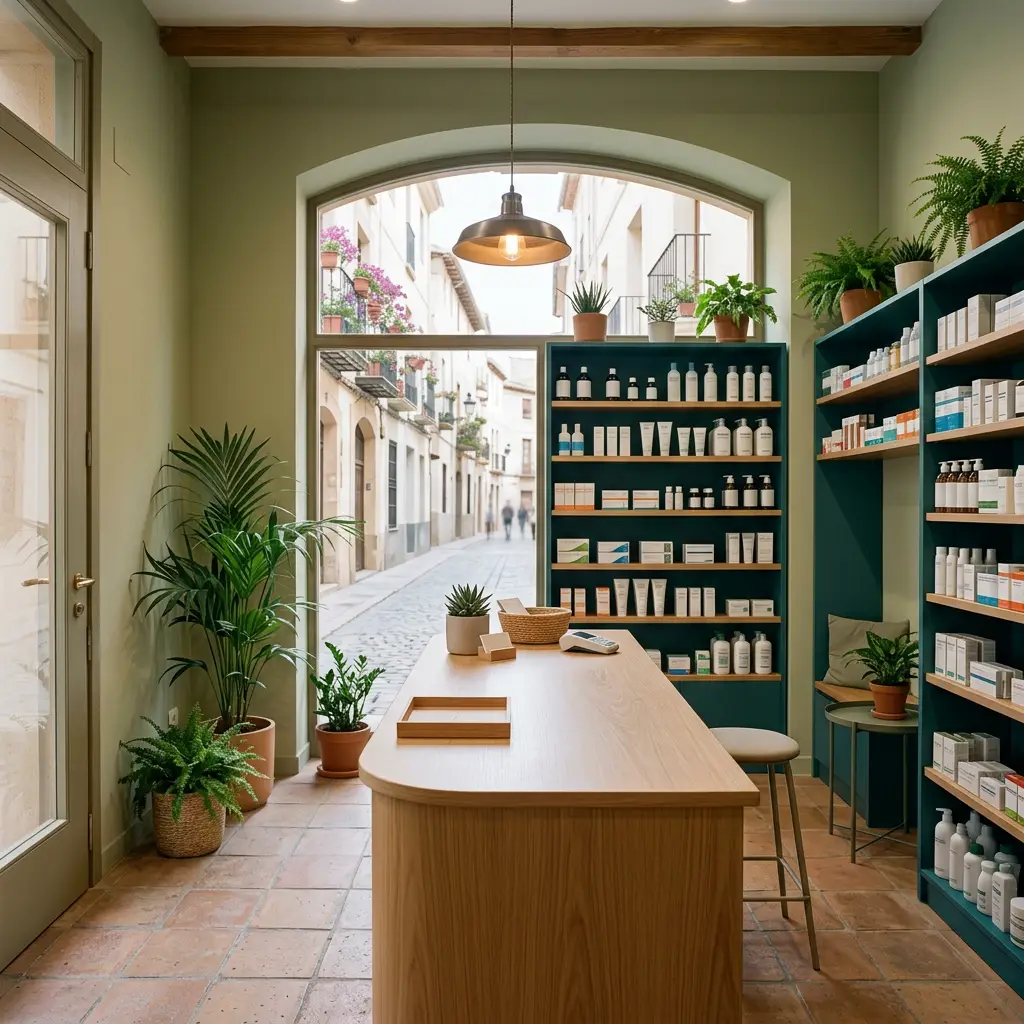 Interior de una farmacia con mostrador de madera, plantas y estanterías