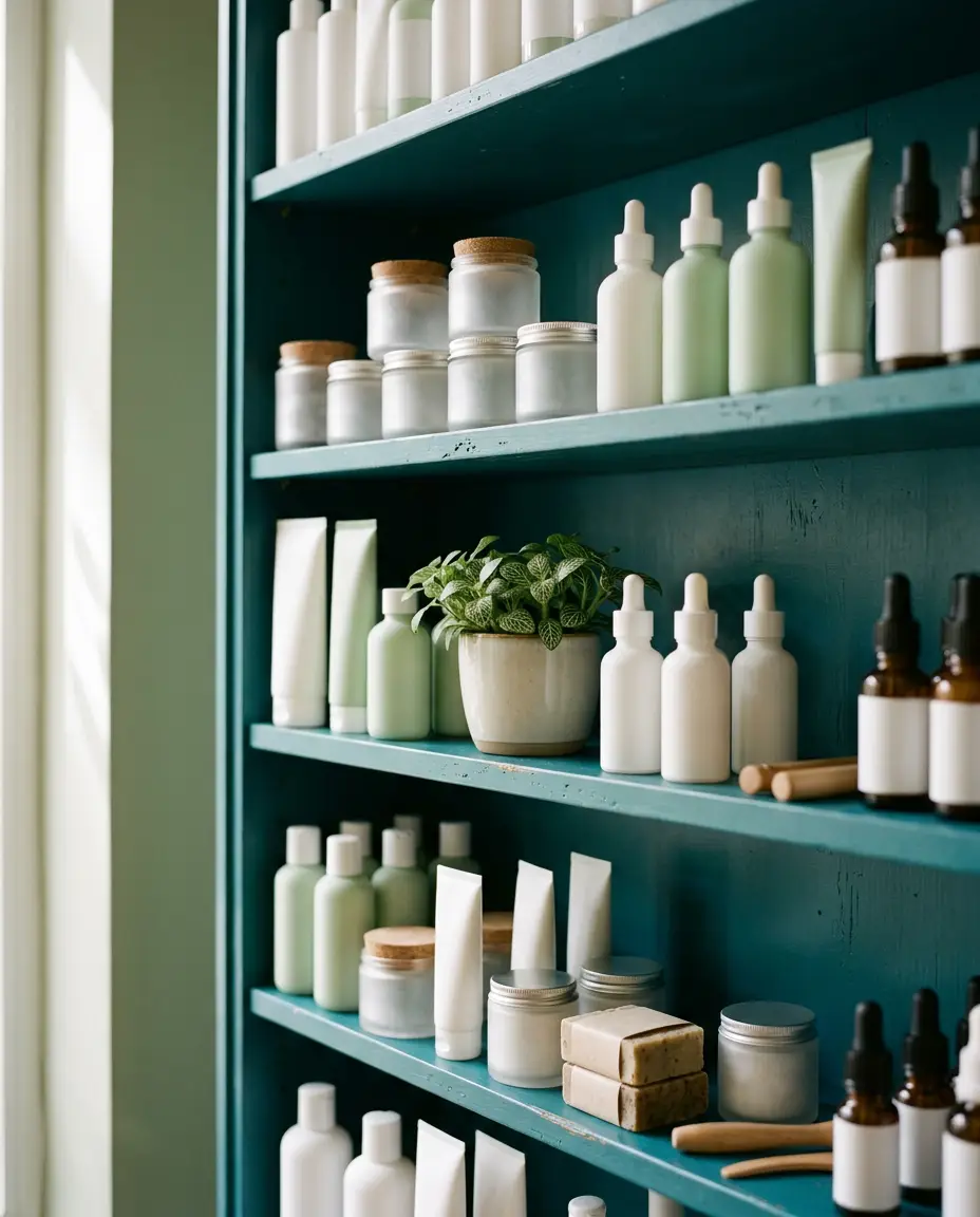 Estantería verde con productos de cuidado ordenados